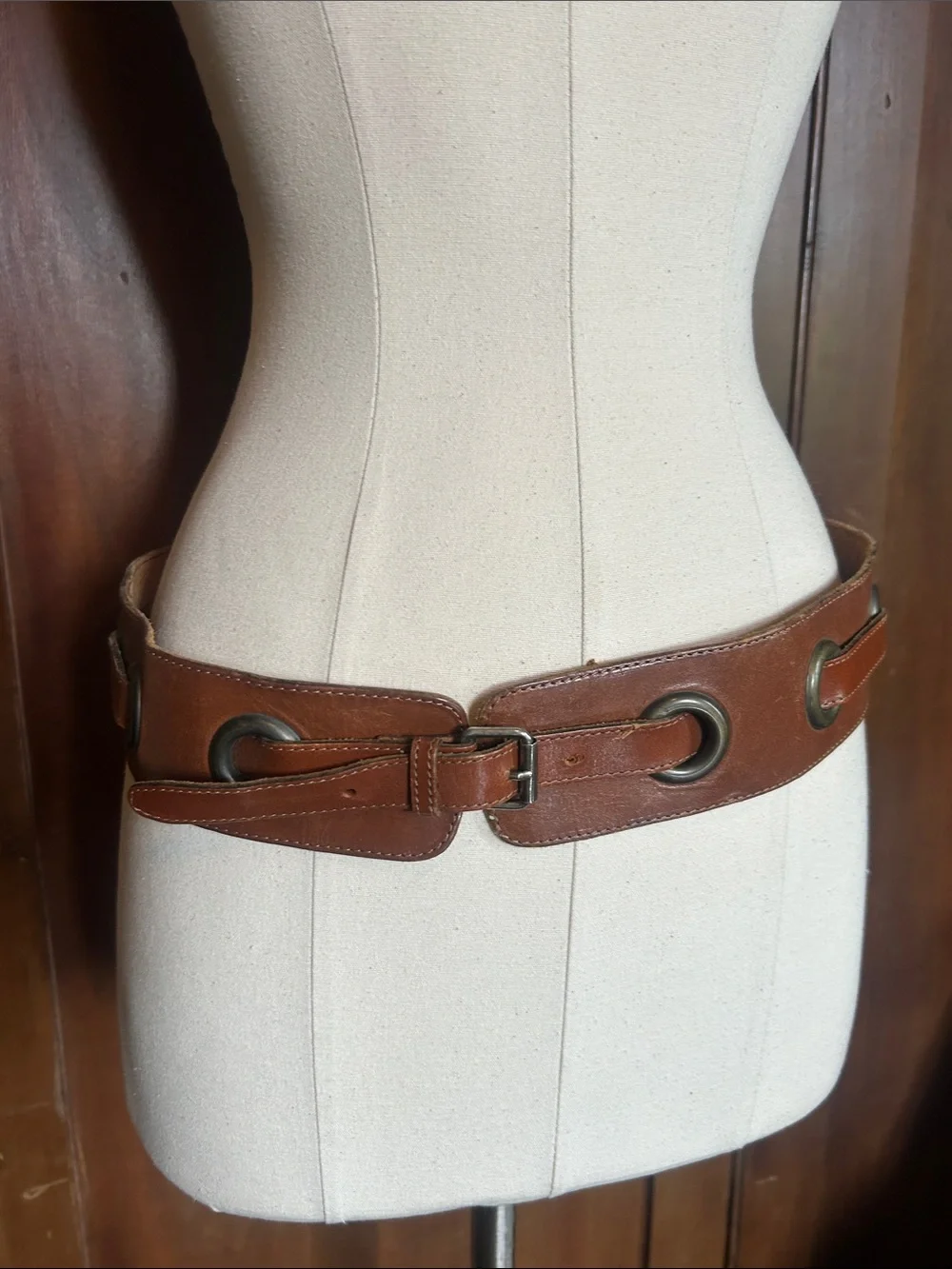 Vintage French Leather Grommet Belt Cognac Brown M